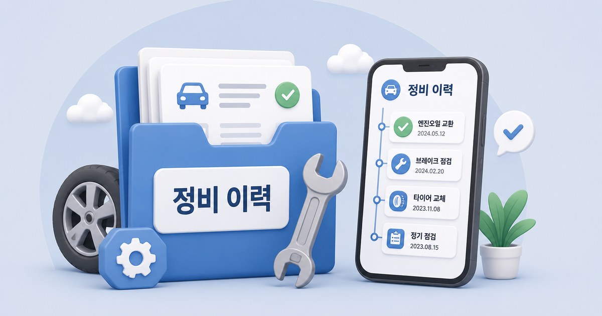 정비 내역서와 스마트폰으로 정비 이력을 확인하는 모습을 표현한 그래픽 일러스트