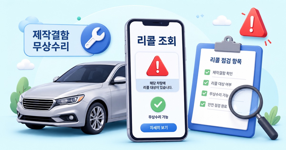 스마트폰으로 자동차 리콜 조회 결과를 확인하는 모습을 표현한 그래픽 일러스트