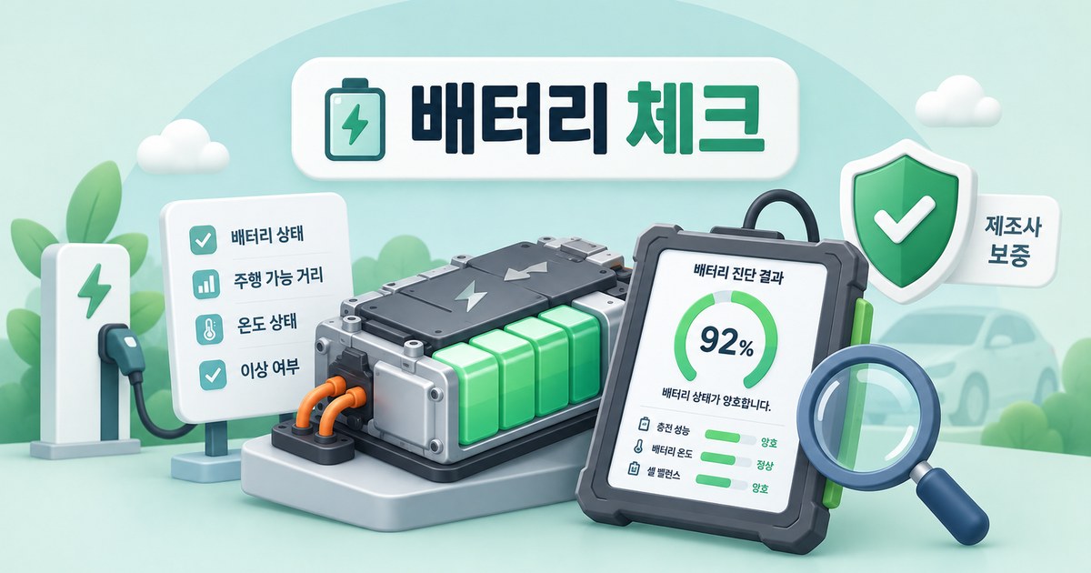 전기차 배터리 팩을 진단기로 검사해 배터리 상태와 제조사 보증을 확인하는 모습을 표현한 그래픽 일러스트