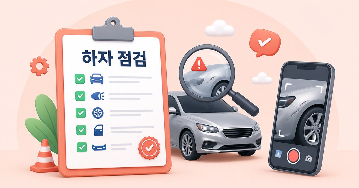 차량 하자 부위를 스마트폰으로 촬영하고 서류를 정리하는 모습을 표현한 그래픽 일러스트